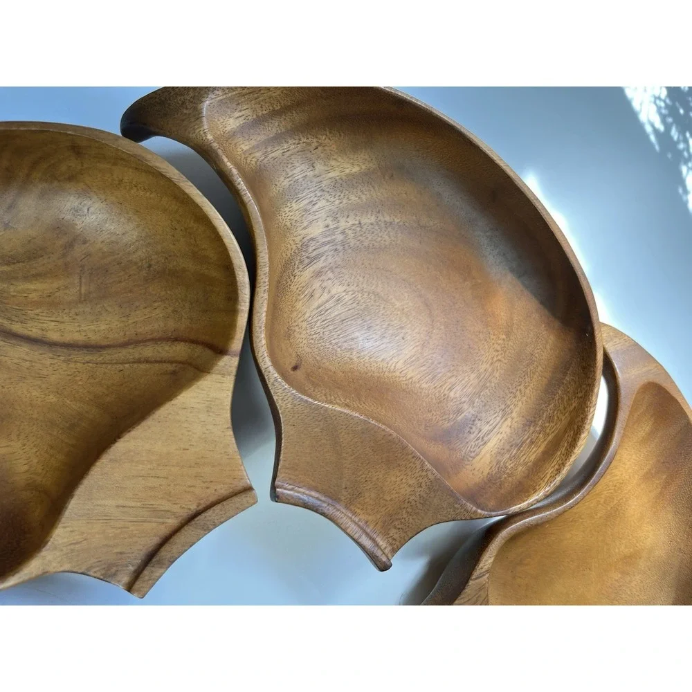 Vintage Mcm Monkeypod Wood Interlocking Leaf Serving Bowl Set Five Tiki Lazy Sus
